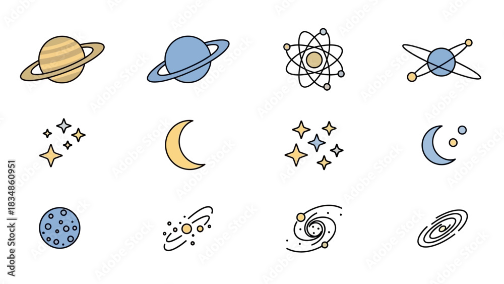 Fototapeta premium Collection of Colorful Space Icons - Planets, Stars, Moon, Galaxy.