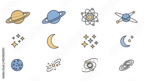 Collection of Colorful Space Icons - Planets, Stars, Moon, Galaxy.