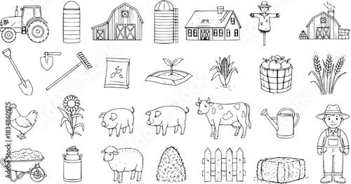 Hand-drawn black and white farm elements vector collection with tractor, animals, farmer, barn, crops, and tools. Agriculture and rural life concept clip art.
