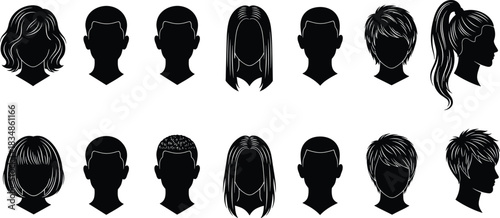 Hairstyle silhouette collection, black vector icons, male and female hair designs, fashion reference, character design, minimal illustration