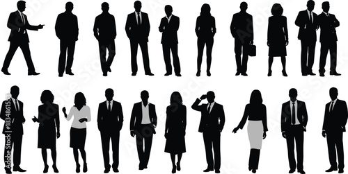 Business silhouettes, professional diversity, men women poses, formal attire, corporate gestures, briefcase figures, teamwork stance, black white contrast, leadership