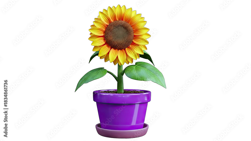Obraz premium Vibrant Yellow Sunflower in a Bright Purple Pot on a Transparent Background Isolated Studio Shot