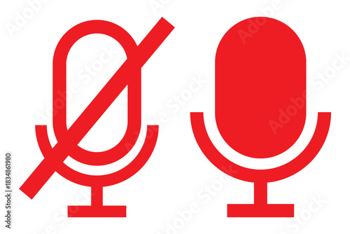 Crossed out microphone (mike) icon. Symbol of voice or sound. Pictogram for turning the sound on and off. An attribute of a singer, speaker, or announcer.