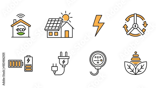 Collection of Renewable Energy and Sustainable Living Icons.