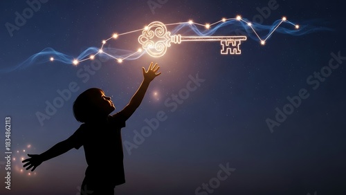 Child's silhouette reaching for a luminous digital key, symbolizing future opportunities, innovation, and unlocking personal potential and success
