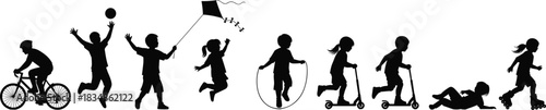 Children silhouettes, outdoor play, biking, ball game, kite flying, jumping rope, scooter riding, crawling, roller skating, black figures, white background