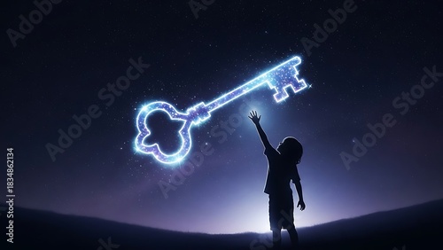 Young child reaching for a glowing ethereal key in the night sky, symbolizing dreams and the unlocking of future potential