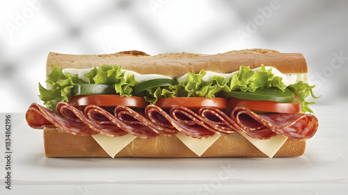 Hearty italian sub sandwich loaded with meats and fresh vegetables