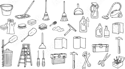 Cleaning  Repair Tools Doodle: Hand-Drawn Vector Set for Housework  Home Improvement
