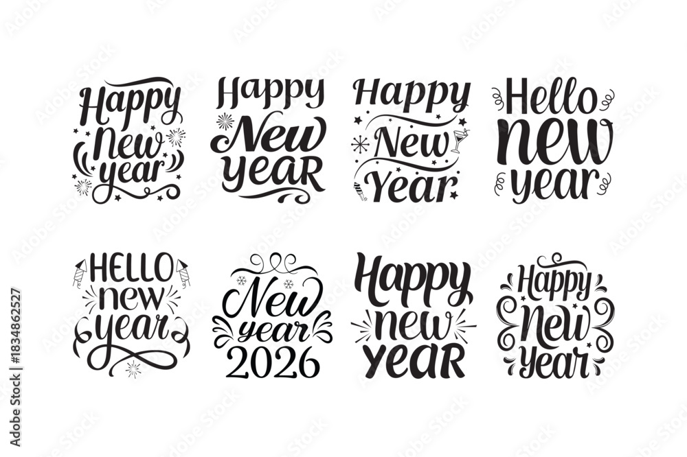 Fototapeta premium Happy New Year, 2026 bundle vector - Happy New Year t shirts design, Hand lettering inspirational quotes white background