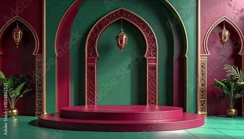 Elegant teal and  Islamic display stage with arches, pillars, perfect for festive events.