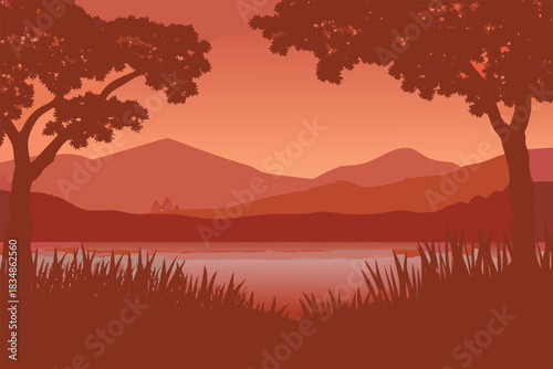 A serene landscape with silhouetted trees mountains and a calm reddish lake