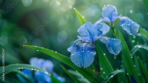 Blue Iris Flowers With Dew Drops In Green Garden Morning Light Close Up