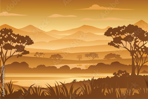 A serene african savanna landscape with golden hues and distant mountains high quality