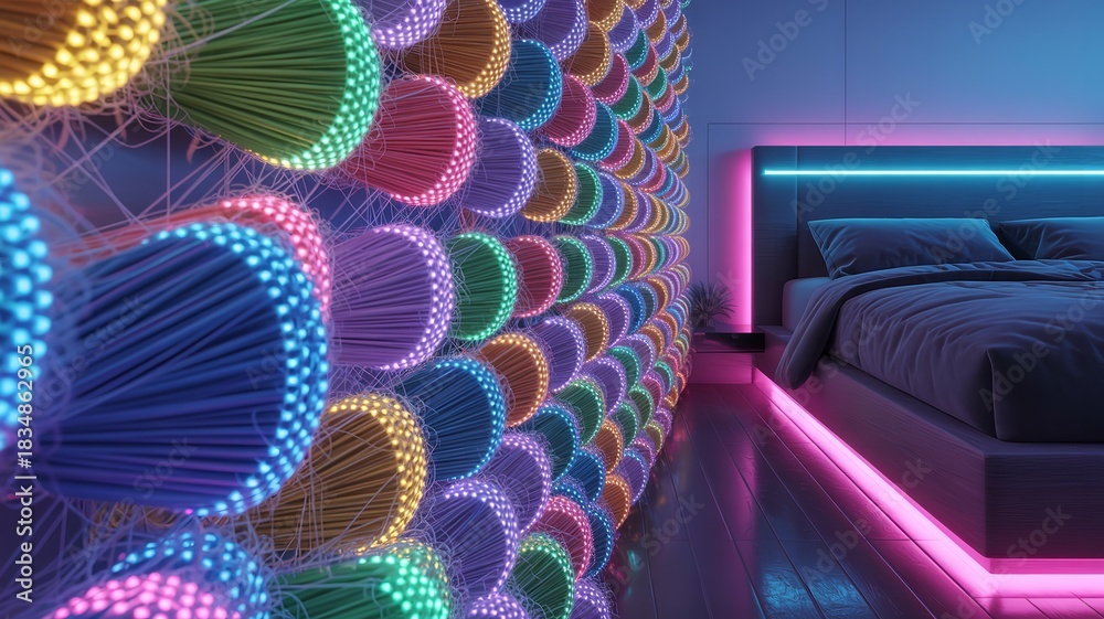 Naklejka premium Rainbow Light Strings Above Bed: Tranquil Bedroom Interior with Colourful Accent Decor