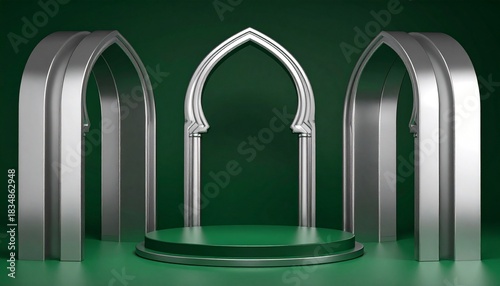 Elegant teal and  Islamic display stage with arches, pillars, perfect for festive events.
