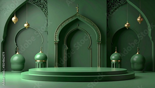 Elegant teal and  Islamic display stage with arches, pillars, perfect for festive events.