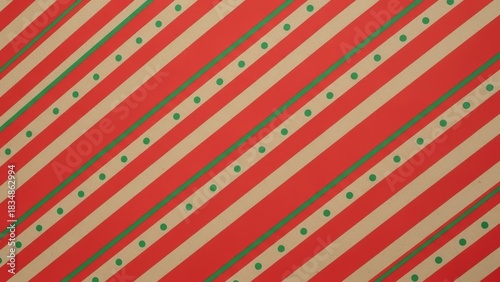 Festive Red and Beige Diagonal Striped Background with Green Polka Dots