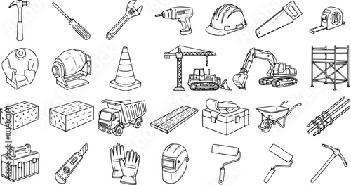 Detailed line art collection of construction tools and heavy machinery equipment, featuring various building and renovation elements.