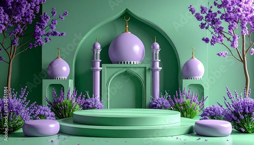 Elegant teal and  Islamic display stage with arches, pillars, perfect for festive events.