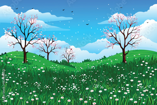 A vibrant spring landscape with blossoming trees rolling hills and a clear