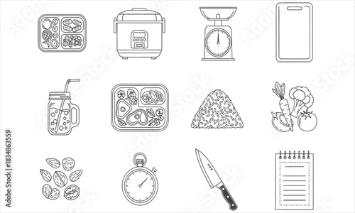 Outline Illustration Set of Kitchen Equipment, Food Ingredients, and Healthy Meal Prep Essentials for Culinary Design Projects