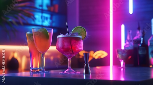 Neon bar cocktails drinks nightlife party celebration bartender lounge beverage alcohol refreshment glass