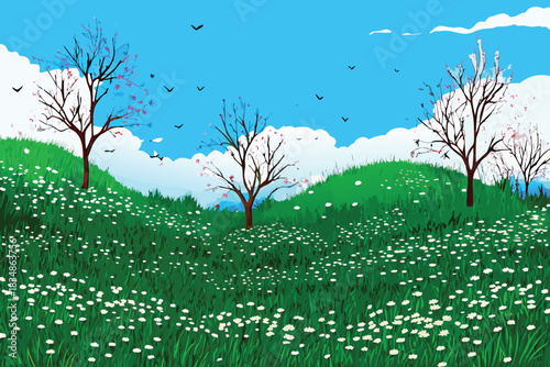 a vibrant spring landscape featuring rolling green hills and blossoming trees high quality