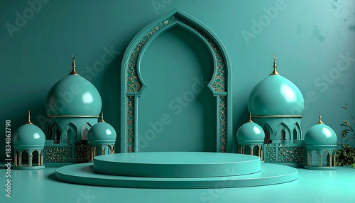 Elegant teal and  Islamic display stage with arches, pillars, perfect for festive events.