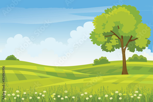 a picturesque landscape with a lush green tree and rolling hills high quality