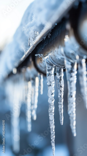 Icicles hanging from a metal gutter in a winter landscape  