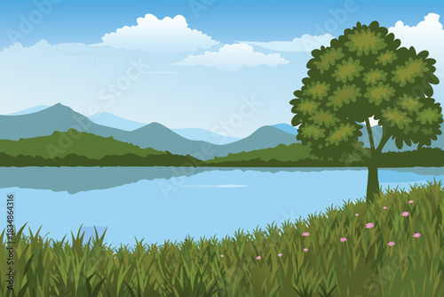 a tranquil landscape with a reflective lake lush greenery and distant mountains