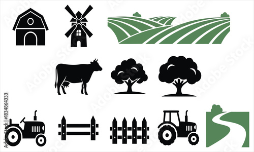 Collection of farm-related icons including barn, windmill, tractor, cow, trees, and fields