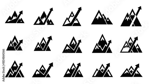 Mountain Growth Icons - Upward Trend in Mountainous Landscapes.