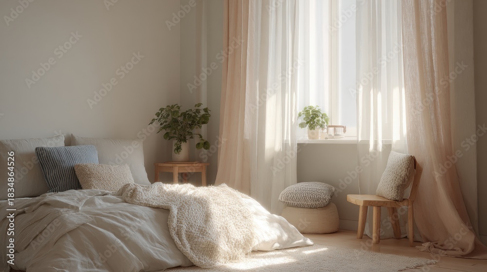Fototapeta premium Bedroom with a large window on the right side. the window is covered with sheer white curtains that are open, allowing natural light to enter the room.