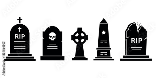 Set of five flat black tombstone icons arranged in a row isolated on white background