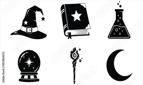 Magical Elements Vector Set Hat, Book, Potion, Crystal Ball, Wand, Moon