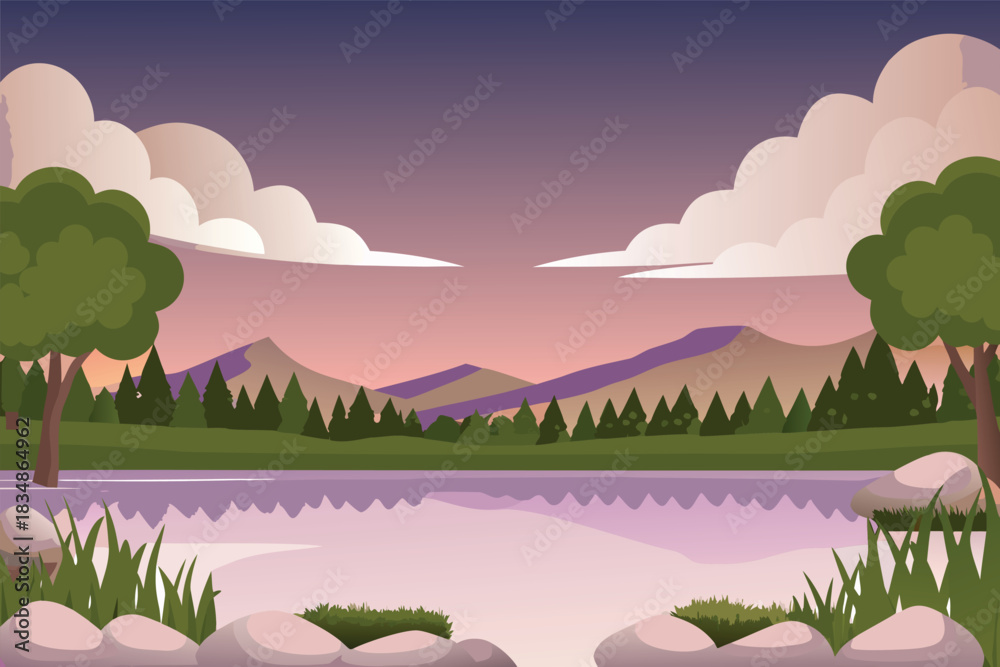 Fototapeta premium A scenic landscape featuring mountains trees water and a colorful sunset sky