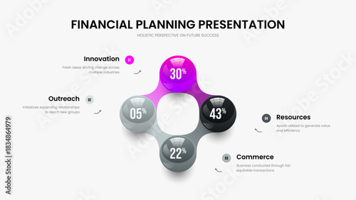 Creative Development 4 Option Graph Slide Design. Science Portfolio Four Element Chart Frame Layout. Digital Analysis Slideshow Template Vector Illustration.