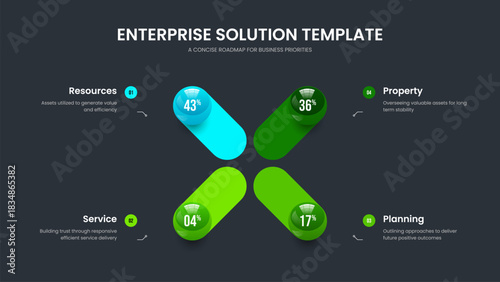 Elegant Growth Four Element Diagram Slide Design. Professional Strategy 4 Step Chart Presentation Template. Simple Forecast Frame Layout Vector Illustration.