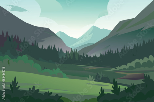A serene landscape illustration showcasing lush green valleys and distant mountain peaks