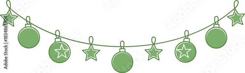 Luxury green christmas garland banner vector template; Minimalist line art baubles decoration; Hanging background