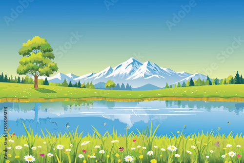 serene landscape featuring a lake reflecting mountains and a vibrant green meadow