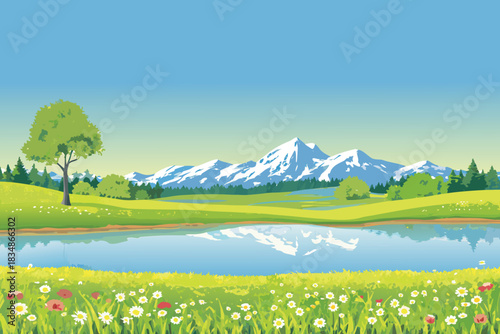 a picturesque landscape featuring mountains green fields a serene lake and trees