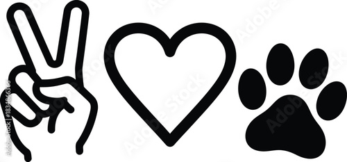 Peace Love Paw Vector Illustration Black and White Sign Symbol Design Isolated on Transparent Background Animal Lover Theme