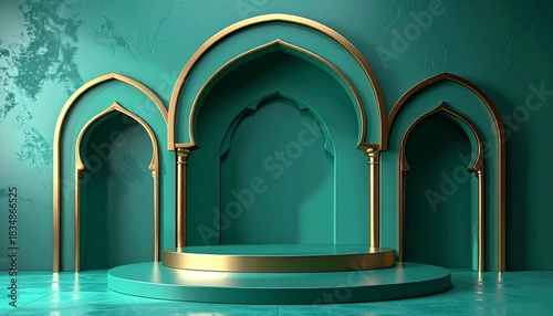 Elegant teal and  Islamic display stage with arches, pillars, perfect for festive events.