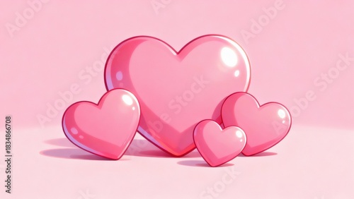 Three glossy pink hearts of varying sizes arranged on a soft pink background