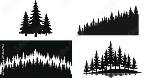 Black tree silhouettes forest clipart, pine woodland panorama, evergreen landscape design, nature vector graphic assets, transparent background, minimal outdoor scenery illustration
