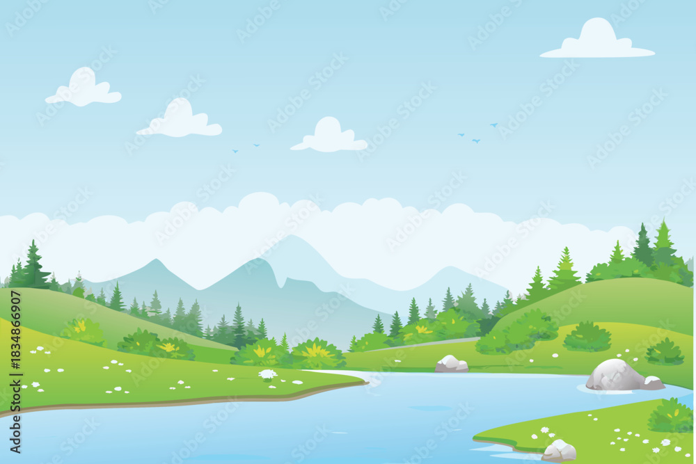 Fototapeta premium a cheerful landscape with green hills blue river and fluffy white clouds