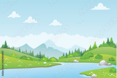 a cheerful landscape with green hills blue river and fluffy white clouds